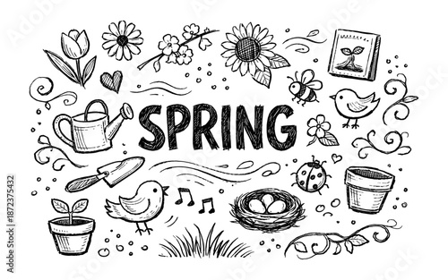 Hand-drawn doodle collection celebrating the arrival of spring with various elements