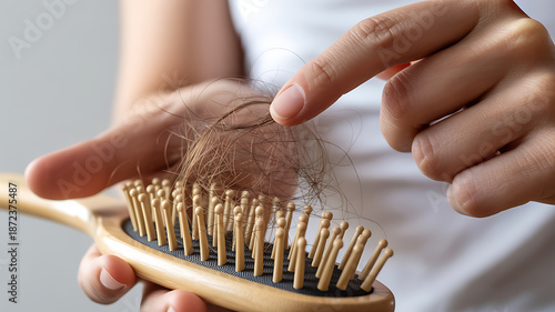 Close-up of Hands Holding Hairbrush with Fallen Hair, Symbolizing Hair Loss Concern