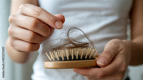 Close-up of Woman's Hands Holding Hairbrush with Significant Hair Loss