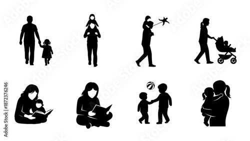 Vector illustration showing black silhouettes of people in different poses including men, women, children, dancing, sports, business, fun, and everyday activities