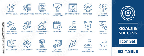 Business goals and success icon set featuring target achievement, KPI dashboard, strategic vision, performance metrics, career progress, mission statement, and roadmap symbols.