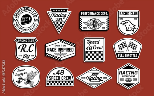 Racing badge vector set with motorsport logos, speed crew emblems, checkered flags, helmets, wings, and retro typography. Perfect for apparel, stickers, branding, and prints.