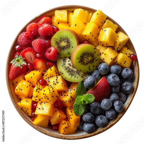 Fruit Medley Bowl with Golden Mango and Mixed Berries Isolated on Transparent or White Background
