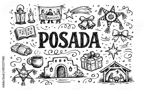 Hand-drawn illustration of Posada celebration elements including nativity scene and pinatas