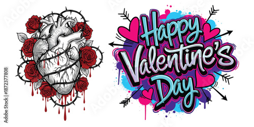 Anatomical heart with red roses and thorns dripping blood next to graffiti style happy valentines day text with hearts and arrows