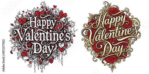 Two Valentines day graphic designs one with broken hearts and thorns and the other with red roses and ornate swirls