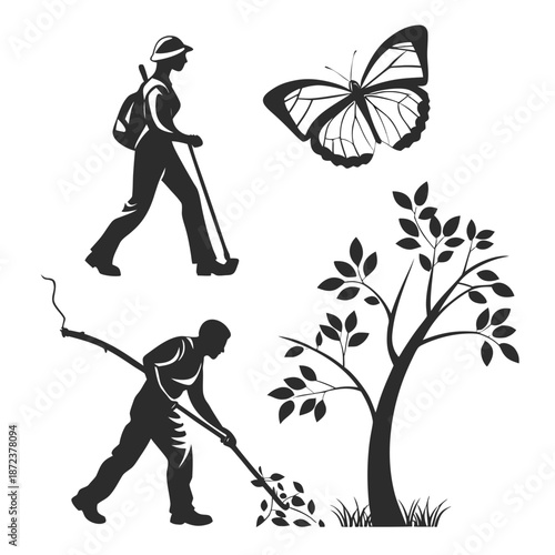 Gardener tending to trees and butterflies