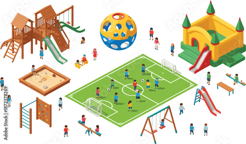 Isometric Kids Playground Scene with Outdoor Play Equipment, Soccer Field, Slides, Swings, Sandbox, and Children Enjoying Active Park Recreation