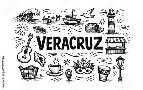 Veracruz doodle art with iconic symbols of the Mexican port city