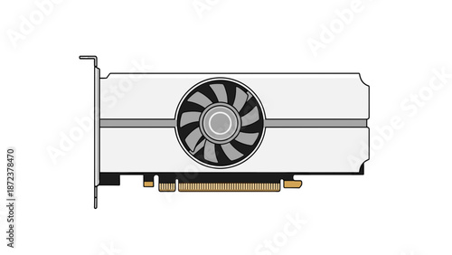 A detailed illustration of a computer graphics card with a fan and gold connectors on a white background