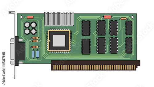 A detailed illustration of a computer graphics card with various components and connectors