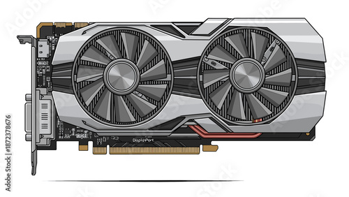 A detailed illustration of a computer graphics card with two large fans and a sleek metallic design