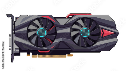 A sleek and modern computer graphics card with red accents and dual fans on a white background