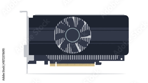 A sleek black computer graphics card with a silver fan and heat sink on a white background