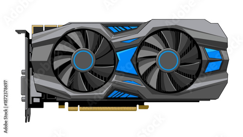 A computer graphics card with two large fans and blue accents on a white background