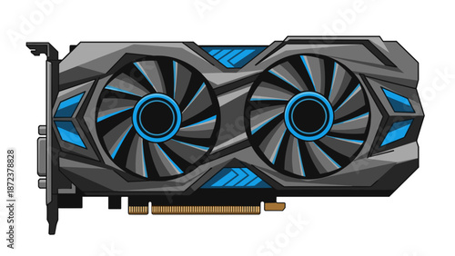 A sleek computer graphics card with blue accents and dual fans on a white background