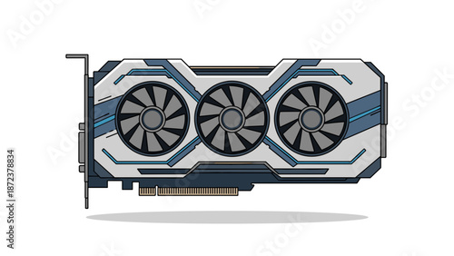 A vector graphic illustration of a computer graphics card with three fans and a sleek design