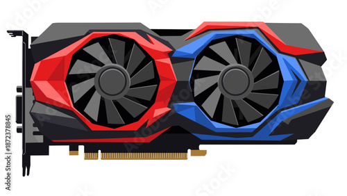 A computer graphics card with red and blue accents and two large fans for cooling