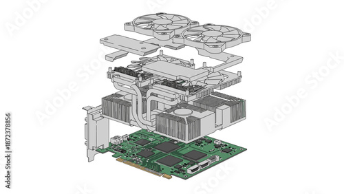 A detailed vector graphic illustration of a computer motherboard with its components disassembled and floating above it in a technical drawing style