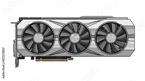 A detailed illustration of a computer graphics card with three large fans for cooling, designed in a modern and sleek style.