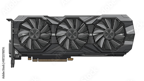 A sleek computer graphics card with three large fans on a plain white background