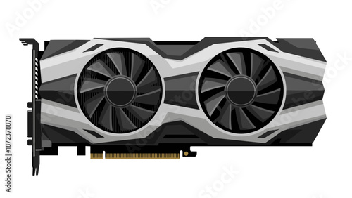A sleek computer graphics card with dual fans and a black and silver design