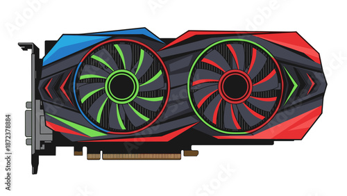 A colorful computer graphics card with red, green, blue, and black accents and two large fans for cooling, set against a plain white background.