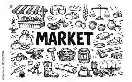 Vintage market scene illustration with various goods and tools in a doodle style
