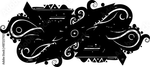 A black and white vector graphic illustration of a decorative design with swirling patterns and shapes in silhouette mode