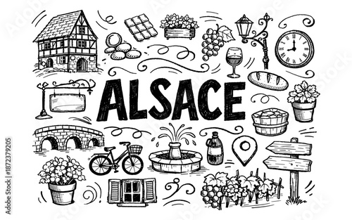 Hand-drawn doodle collage representing Alsace region with iconic elements