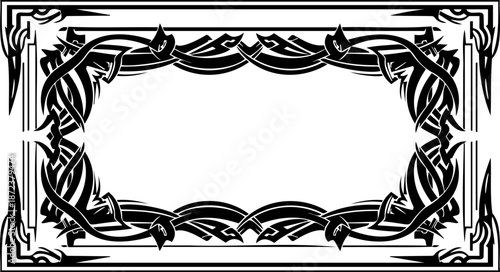 A minimalist black and white vector graphic border design with leaf pattern silhouette