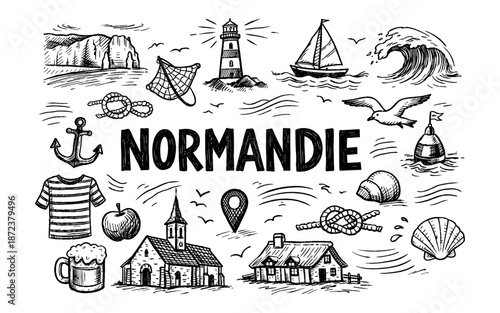 Hand-drawn illustration of Normandie landmarks and coastal elements in sketch style
