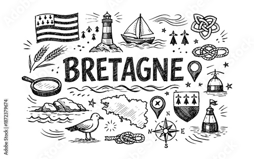 Hand-drawn illustration of Bretagne symbols and landmarks with the word Bretagne