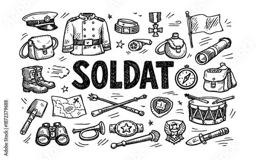Collection of hand-drawn military and soldier-themed items and symbols