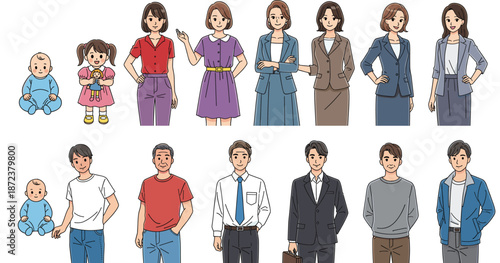 People Character Growth and Life Stages Set Showing Babies, Children, Teenagers, Adults, and Professional Men and Women Vector Illustration