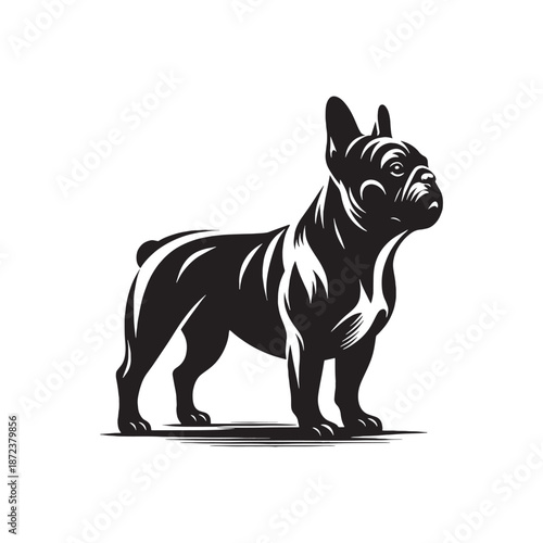 PrintModern French Bulldog vector silhouette design featuring a compact muscular body, iconic bat ears, clean minimal lines, bold shape, perfect for logos, branding, prints, stickers.