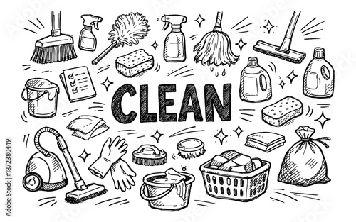Doodle illustration of cleaning supplies and tools arranged around the word CLEAN
