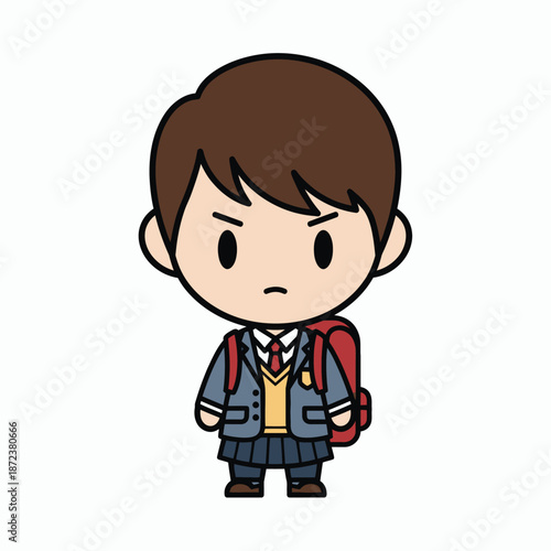 Cartoon Boy Student with Backpack and Sad Expression.