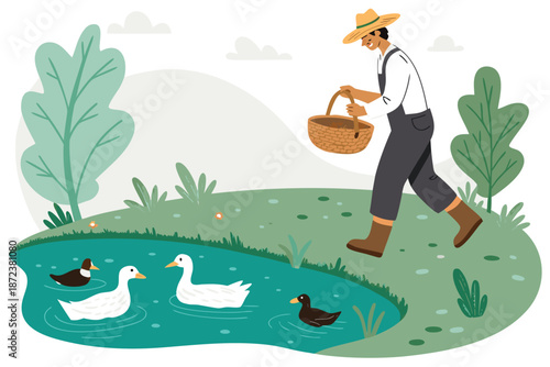Quadro su tela Duck Pond Farm Peaceful Routine Illu