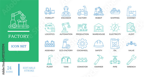 Factory and Industrial Line Icons. Featuring automation, manufacturing, logistics, and power plant symbols. Editable vector for engineering apps and industrial service marketing