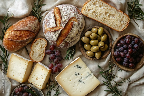 Delicious cheese selection with fresh bread high resolution picture
