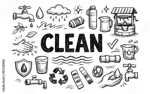 Hand drawn doodles illustrating clean water concepts and resources for healthy living
