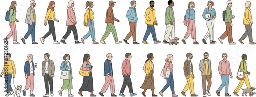 Diverse People Walking Character Set with Casual Fashion Styles, Different Ages and Ethnicities, Everyday Urban Life Vector Illustration