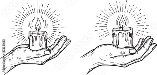 Hand holding a burning melting candle with light rays in vintage engraving style