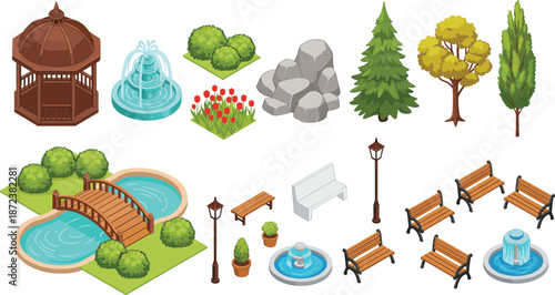 Public Park Landscape Elements Set with Gazebo, Fountains, Trees, Benches, Bridge, and Decorative Urban Garden Objects Vector Illustration