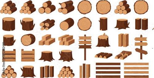 Wood Log, Plank, and Tree Stump Icon Set with Timber Elements, Lumber Materials, and Forest Resources Vector Illustration
