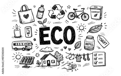 Doodle collage illustrating eco-friendly lifestyle choices and sustainability concepts