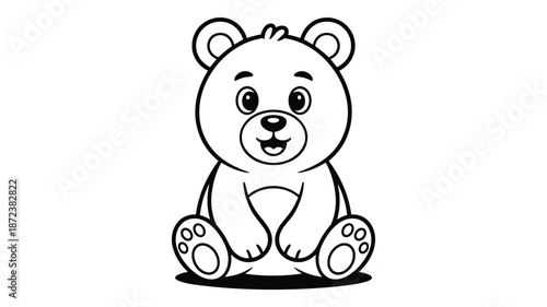 Adorable cartoon teddy bear sitting with a wide smile and big eyes in a simple black and white outline style