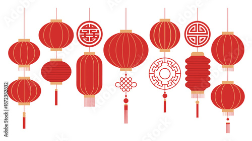Assortment of red and gold Chinese lanterns in various shapes and sizes decoration celebration