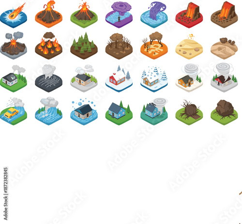 Isometric Natural Disaster and Weather Phenomena Icon Set with Volcanoes, Storms, Floods, Earthquakes, Fires, and Extreme Climate Events Vector Illustrat